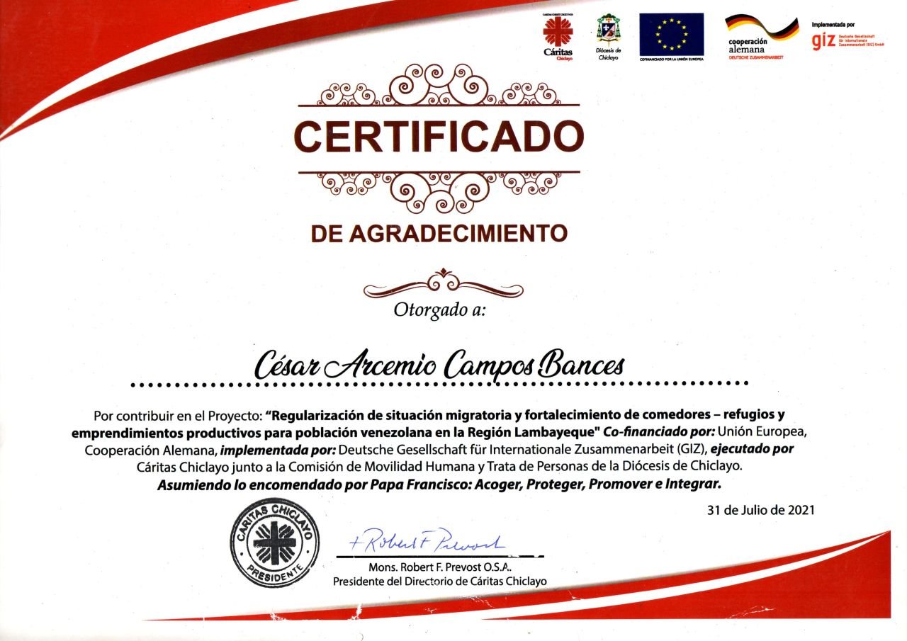 Certificado de agradecimiento otorgado a César Campos Bances por Cáritas Chiclayo